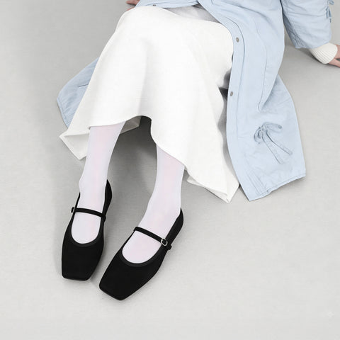 予約：2025AW：スクエアトゥ メリージェーン フラット（m10310）ブラックサテン